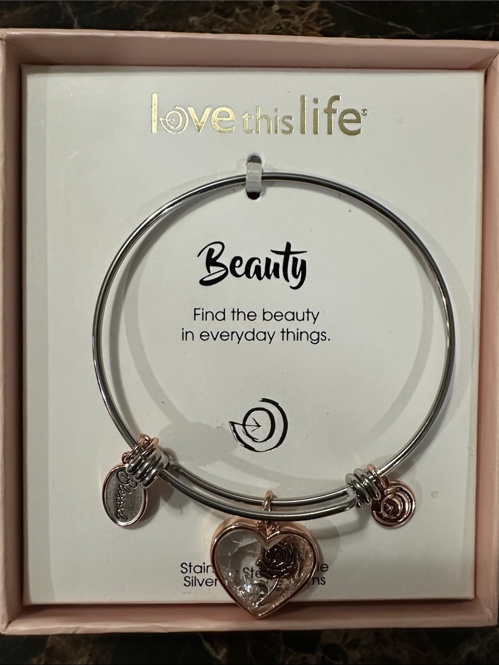 Love This Life Two-Tone Heart Charm Bangle Bracelet - Rose Gold & Silver